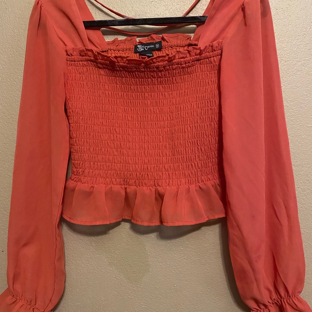 Miss Chevious Stretchy Crop Top semi Sheer Long Sleeve Size M Rust